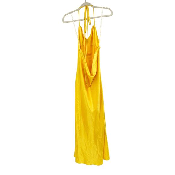 Lulus Yellow One Last Glance Satin Sleeveless Halter Tie Neck Maxi Dress Large - Picture 3 of 5